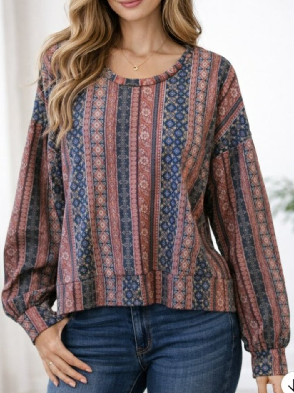 NEW Joe B Women's Long Sleeve Pullover Top Shirt Size Large Calico Striped